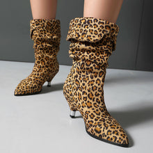 Load image into Gallery viewer, Women's Leopard Print Stiletto Heel Ankle Boots – Pointed Toe, Suede Upper, Turned-Over Cuffs