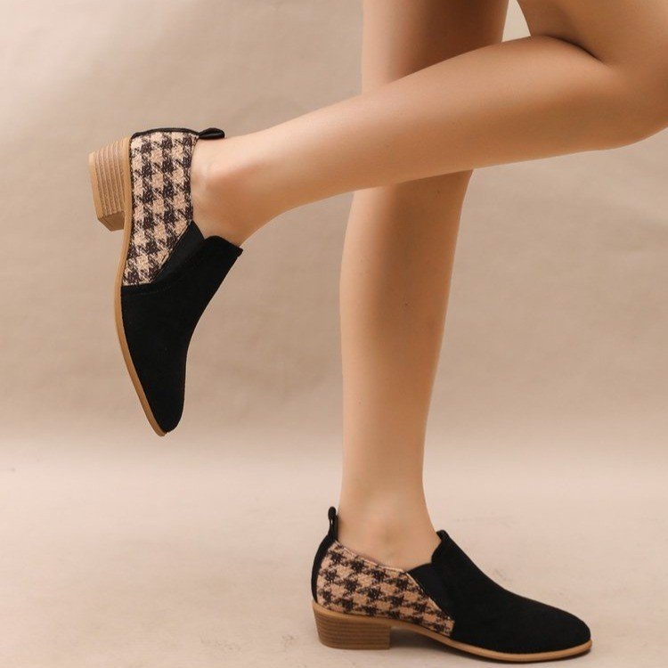 Women's Retro Color-Block Slip-On Shoes | Suede Mid Heel Dress Shoes