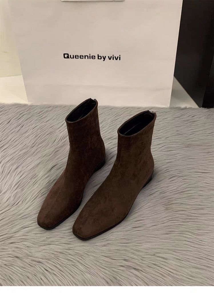 Women's Chunky Heel Suede Fleece-Lined Square Toe Ankle Boots – Back Zipper Winter Boots