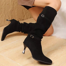 Load image into Gallery viewer, Women's Point Toe Kitten Heel Boots – Suede Slip-On Low Heel Ankle Boots