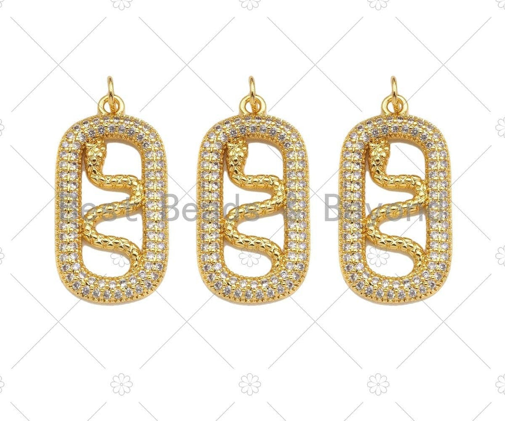 CZ Micro Pave Snake On Oval Shape Pendant/Charm,Cubic Zirconia Gold Charm, Necklace Bracelet Charm Pendant,15x28mm, Sku#LD31