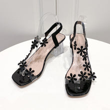 Load image into Gallery viewer, Women's Flower Transparent Square Heel Sandals | Summer Square Toe High Heels | Off-White Silver Gold Black | Sizes 35-42
