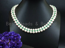 Load image into Gallery viewer, Green Cubic Zirconia&amp; Mother of pearl necklace and bracelet set, Pearl Jewelry set, Bridal Jewelry, Double Strand Statement Jewelry, SKU#P17
