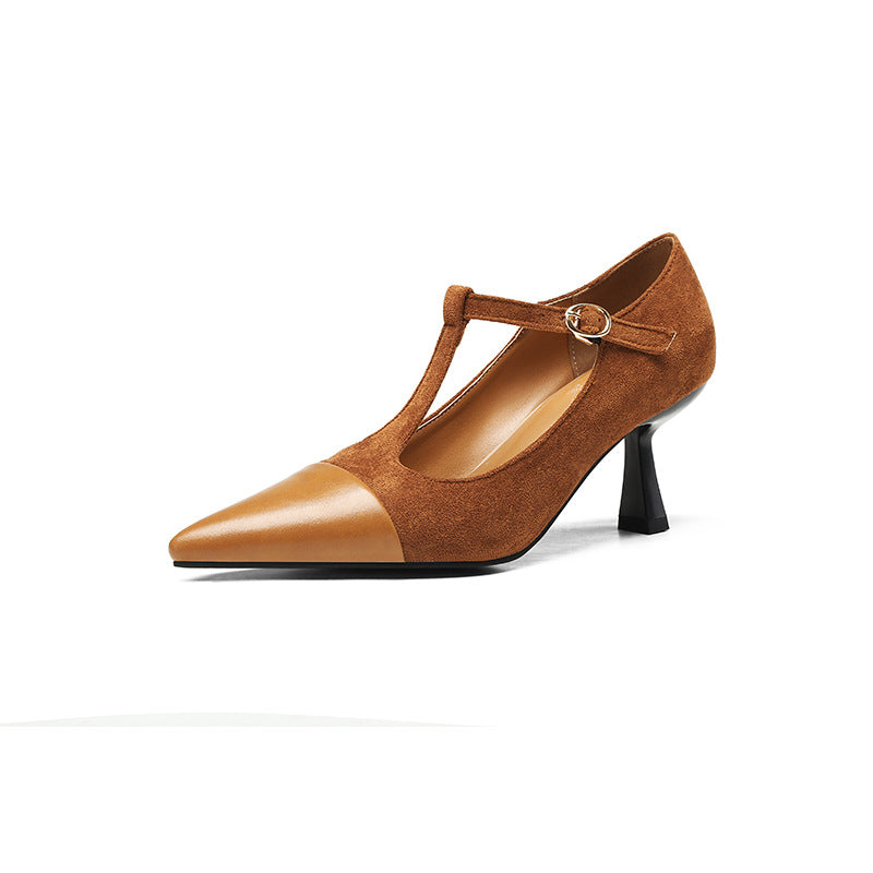 Elegant T-Strap Pointed Toe Stacked Heel Pumps