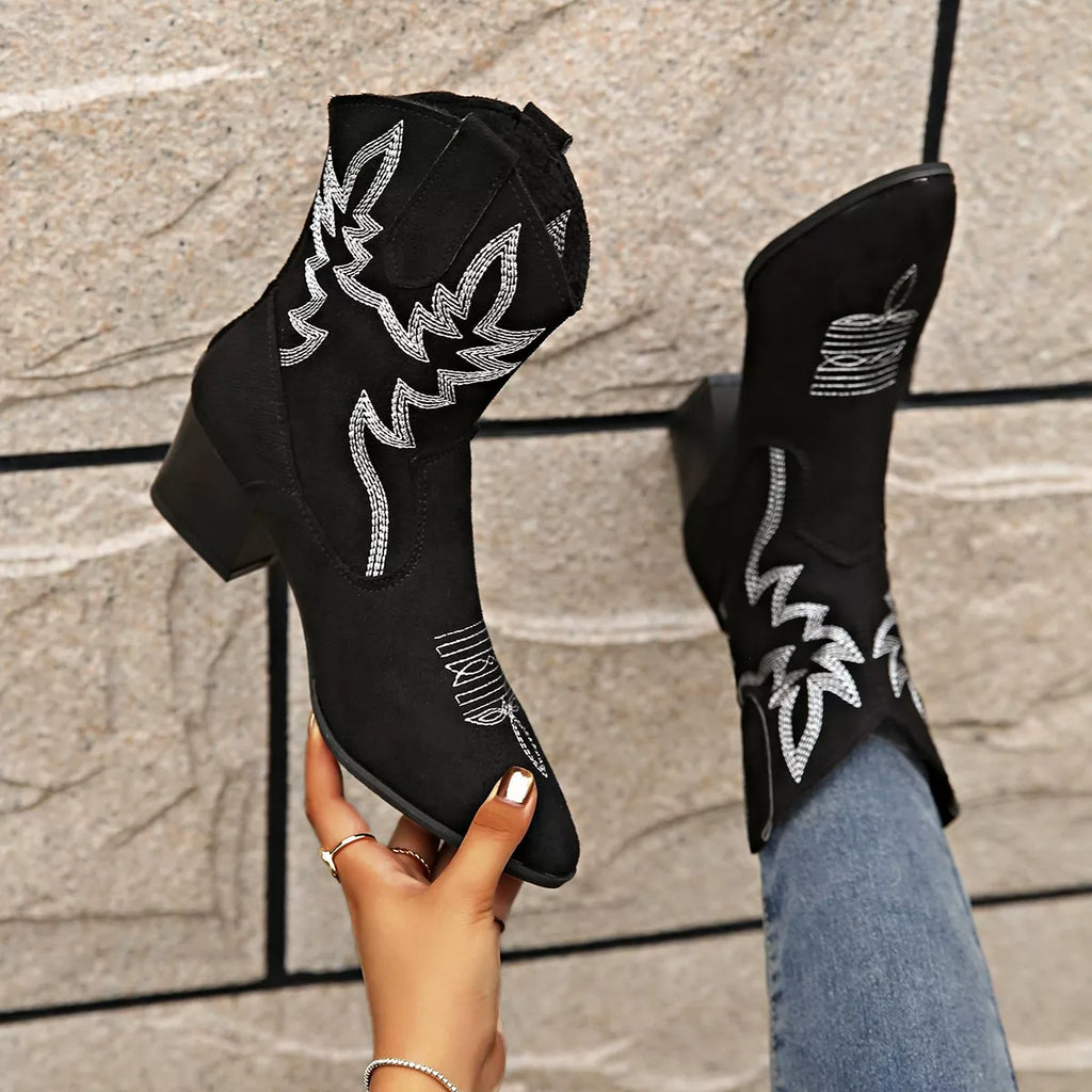 Women's Point Toe Block Heel Boots – Suede Mid Heel Ankle Boots