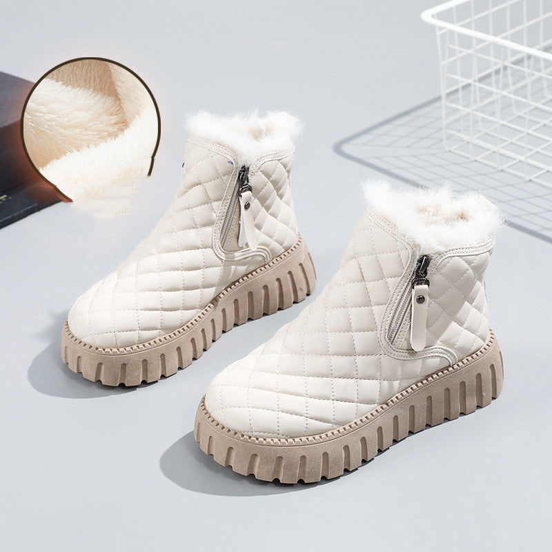 Women's Plaid Platform Ankle Boots | Side Zipper Plush Lined Snow Boots
