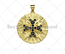Load image into Gallery viewer, 18K Gold Black CZ Cross On Round Coin Shape Pendant, Gold Coin Charm, Cross Pave Pendant, Men's Jewerly Findings, 25mm, Sku#LK61