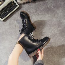 Load image into Gallery viewer, Women's Chunky Lace-Up Dr Martens-Style Boots – Round Toe, Mid-Heel, Black PU Leather
