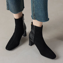 Load image into Gallery viewer, Women's Square Toe Chunky Heel Ankle Boots – Sheepskin Leather Patchwork