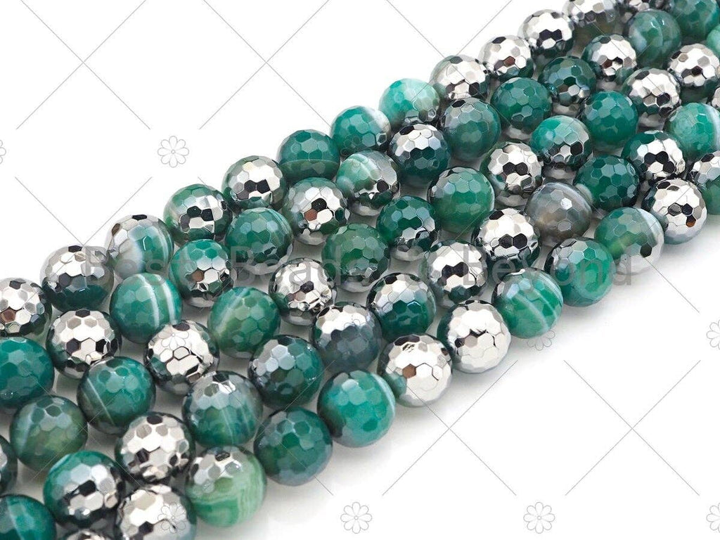 Natural Half Silver Plated Green Agate Beads, 8mm/10mm/12mm Round Faceted Blue Agate Beads, 15.5 Full Strand, sku# UA125