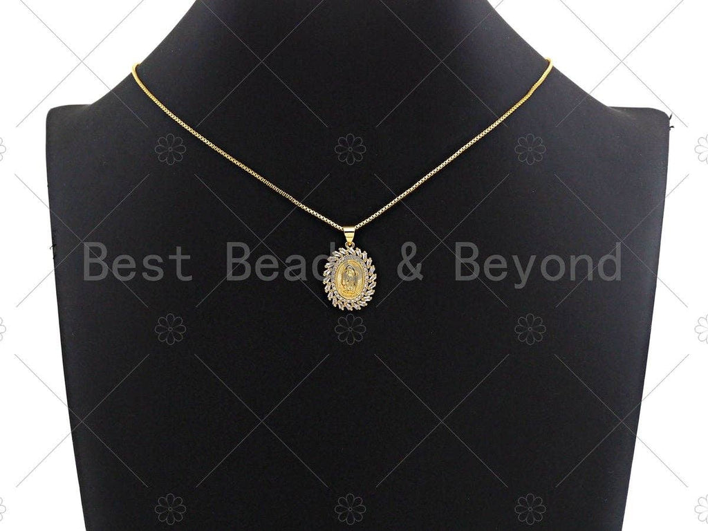 18K Gold Virgin Mary On Oval Emblem Shape Pendant, Oval Char