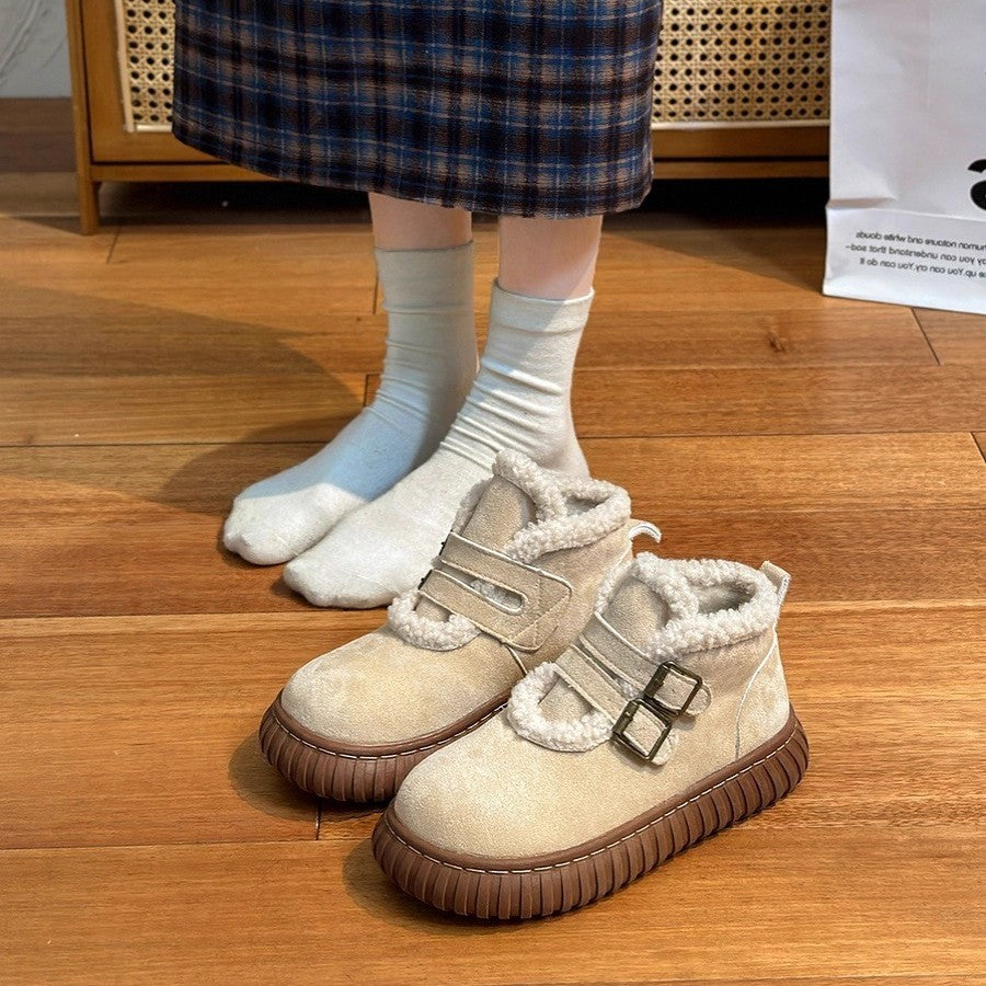 Women's Fleece Lined Snow Boots | Buckle Ankle Boots with Thick Sole | Beige & Brown