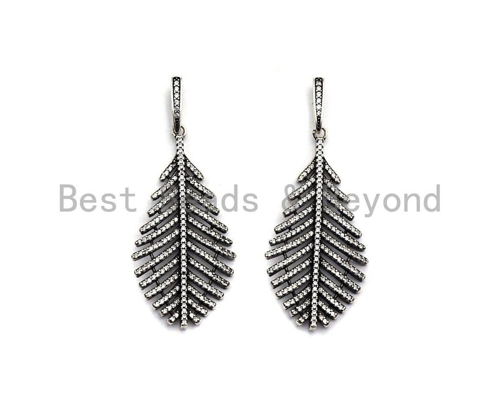 CZ Micro Pave Leaf Pendant, Antique Silver Tone, Clear Cubic Zirconia Big Pave Leaf Charm Pendant, 22x44mm,sku#F1010C
