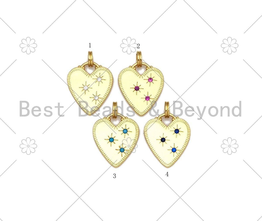 Clear/Fuchsia/Turquoise/Cobalt CZ Micro Pave North Star On Heart Shape Pendant,18K Gold Filled Heart Charm,15x18mm, Sku#ML52