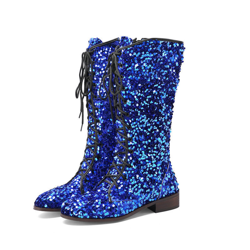 Women's Glitter Sequin Over-the-Knee Boots | Chunky Mid Heel, Lace-Up, Round Toe