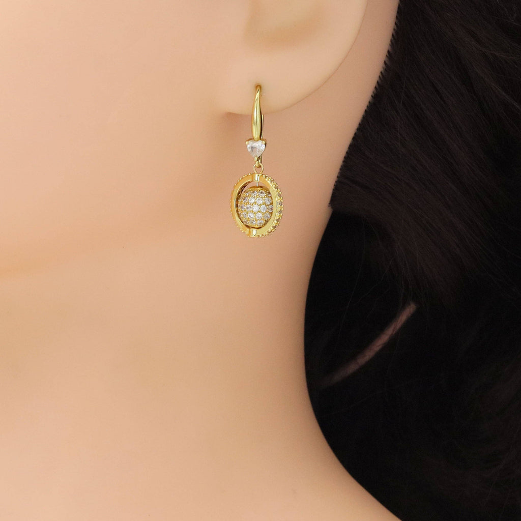 Gold Silver CZ Heart Planet Dangle Earrings, Sku#A211