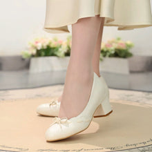 Load image into Gallery viewer, Women's Satin Bow Block Heel Pumps | Ivory Jacquard Slip-On Heels