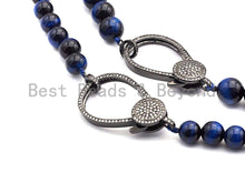 Load image into Gallery viewer, Blue Tiger Eye Attachment Necklace with Large CZ Pave Gunmetal clasp, 18 long, 8mm/10mm beads size, sku#D39