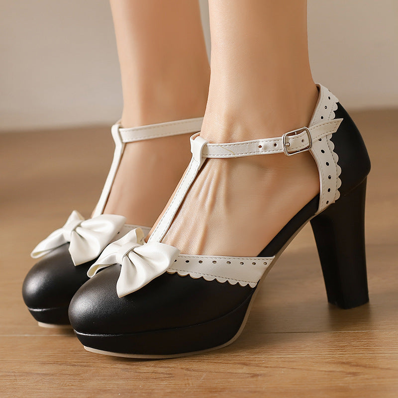 Women's Bow-Embellished High-Heel Sandals - Elegant Closed-Toe Hollow-Out Design