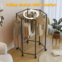 Load image into Gallery viewer, 360° Rotating Freestanding Clothing Rack – Hexagonal Carbon Steel Organizer with Wheels