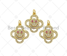 Load image into Gallery viewer, CZ Micro Pave Smiley Face with Fuchsia Eye On Clover Shape Pendant, 18K Gold Charm, Necklace Bracelet Charm Pendant,18x21mm,Sku#LK306