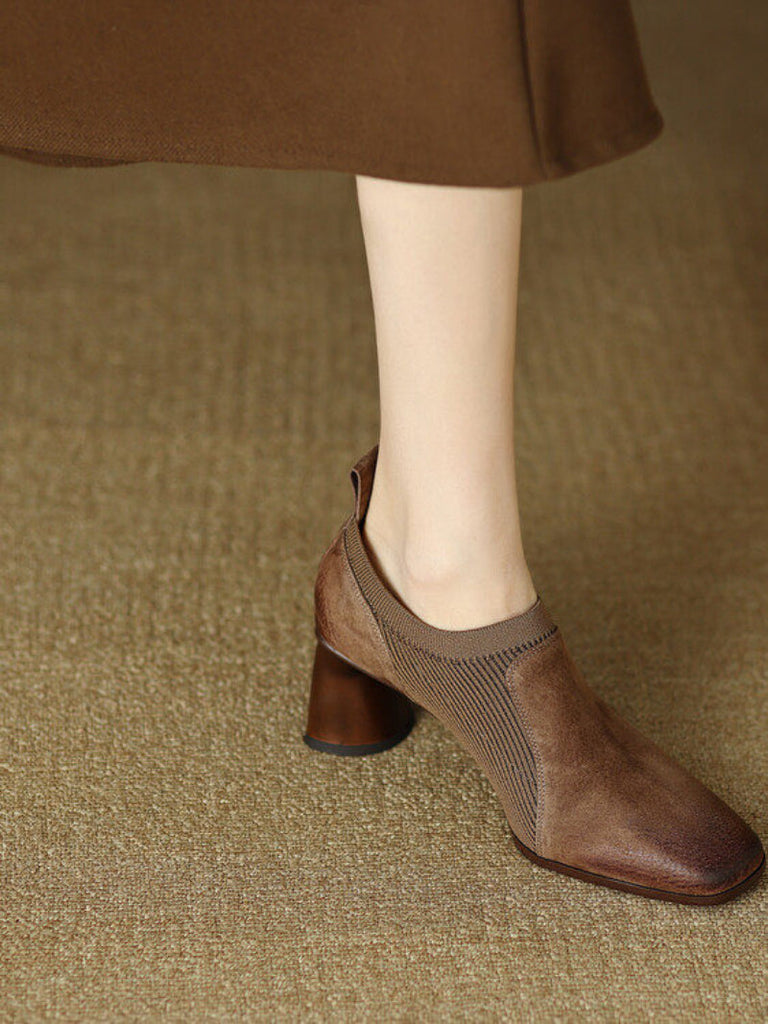 Women's Square Toe Chunky Heel Slip-On Pumps | Knitted Patchwork Leather High Heels | Black & Brown