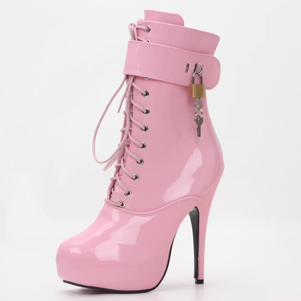 Women's Lockable Lace-Up Platform Heels - 15CM Super High Heel Patent Leather Pumps