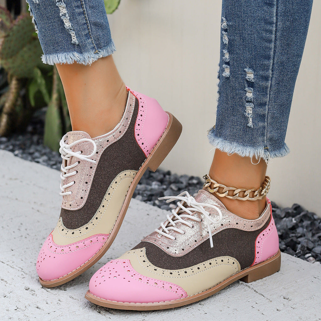 Women's Color-Block Lace-Up Flats Round Toe Casual Shoes – Plus Sizes