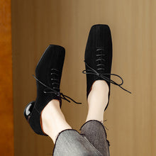 Load image into Gallery viewer, Women's Retro Sheepskin Chunky Heel Square Toe Pumps | Lace-Up Mid Heel Shoes