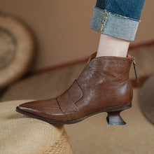Load image into Gallery viewer, Women's French-Style Vintage Pointed-Toe Mid-Heel Ankle Boots | Back Zip | PU Leather