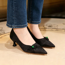 Load image into Gallery viewer, Women's Jacquard Pointed-Toe Kitten Heel Pumps | Floral Pearl Satin Dress Shoes