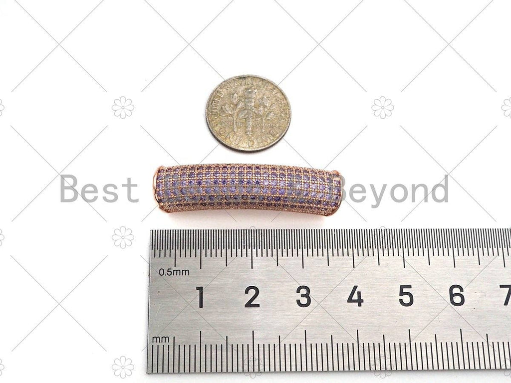 Violet CZ Micro Pave Half Full Pave Tube for Bracelet/Necklace, CZ Spacer Tube in Silver/Gold/Rose Gold/Black, Tube Beads, 38x8mm,sku#ML10