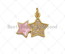 Load image into Gallery viewer, Two Star Pink Pendant/Charm, Pink Mother-of-pearl Star Pendant, Cubic Zirconia Pendant, Gold Tone, 18x15mm, Sku#LK68