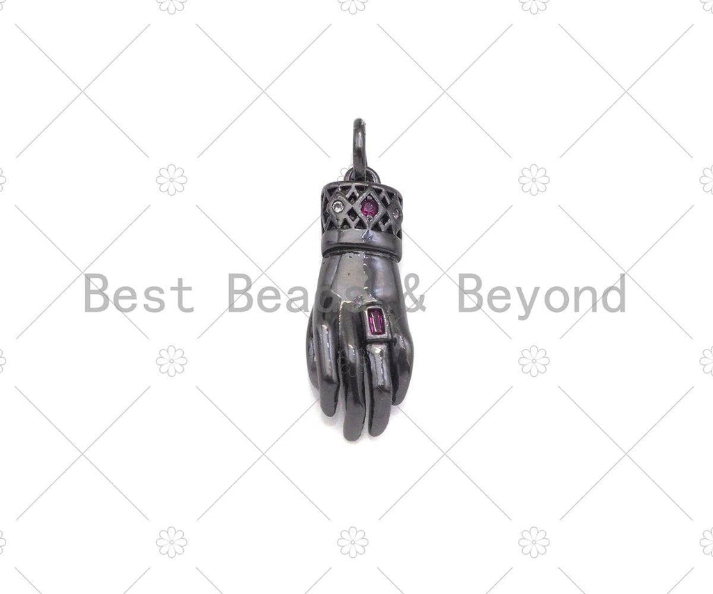 Fuchsia CZ Micro Pave Hand Shape Pendant,Cubic Zirconia Gold/Silber/Black Charm, Necklace Bracelet Charm Pendant, 7x20mm, Sku#L547