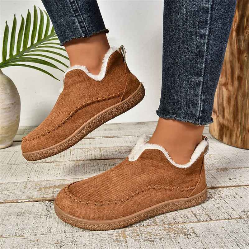 Women's V-Cut Plush Ankle Boots | Winter Warm Flat Snow Boots | Suede Faux Fur Lined