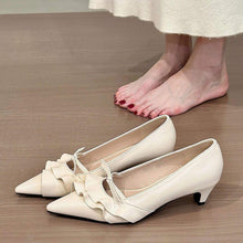 Load image into Gallery viewer, Women's French-Style Stiletto Heels with Ruffled Hem &amp; Bow Tie - Open Toe Low Heel Loafers