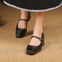 Load image into Gallery viewer, Retro Square Toe Chunky Heel Leather Pumps - Genuine Cowhide Leather Women's Shoes