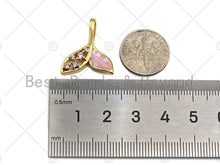 Load image into Gallery viewer, Cute Shark Tale Pink Pendant/Charm, Pink Mother-of-pearl  Pendant, Cubic Zirconia Pendant, Gold Tone, 18x21mm, Sku#LK69