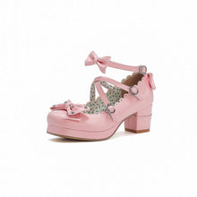 Load image into Gallery viewer, Women's Retro Cute Bow-Clasp Chunky Heel Pumps | Round Toe Block Heels