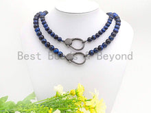 Load image into Gallery viewer, Blue Tiger Eye Attachment Necklace with Large CZ Pave Gunmetal clasp, 18 long, 8mm/10mm beads size, sku#D39