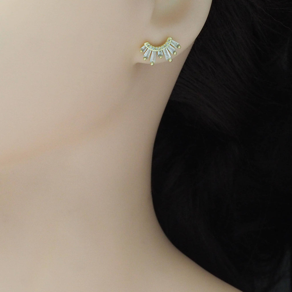 Gold Baguette CZ Half Circle Radial Stud Earrings, Sku#LX424c