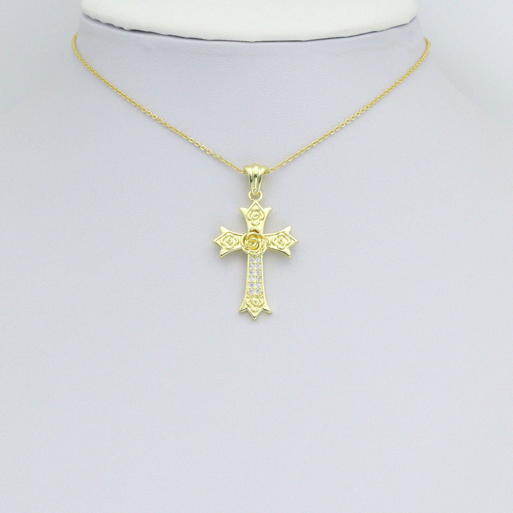 CZ Gold Flower On Cross Charm Pendant, Sku#LK1195