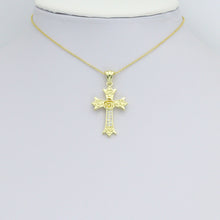 Load image into Gallery viewer, CZ Gold Flower On Cross Charm Pendant, Sku#LK1195