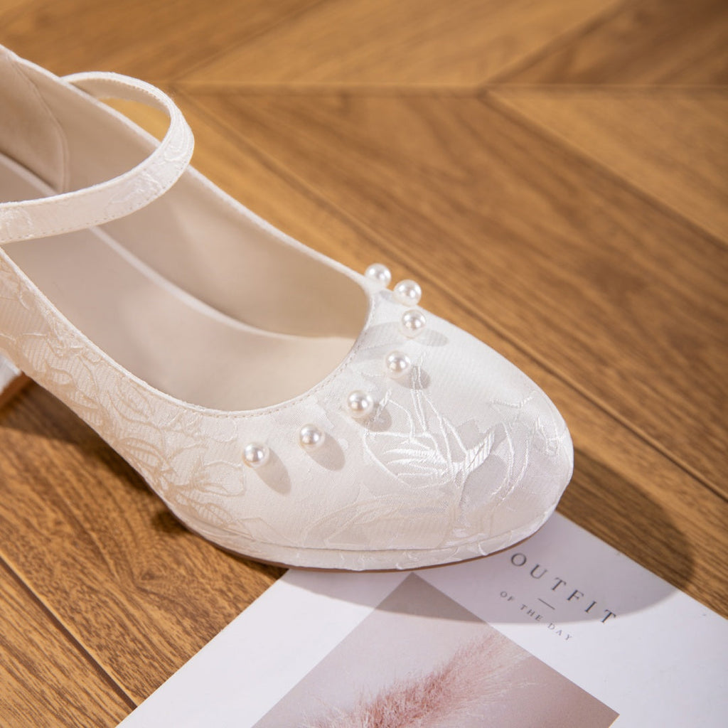 Women's Jacquard Mary Jane Platform Heels | Pearl Bow Waterproof Wedding Shoes