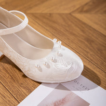 Load image into Gallery viewer, Women's Jacquard Mary Jane Platform Heels | Pearl Bow Waterproof Wedding Shoes
