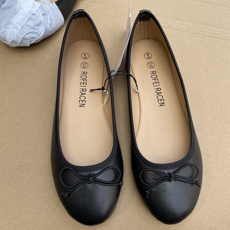 Women's Bow Flat Shoes – PU Leather Slip-On Round Toe Ballet Flats