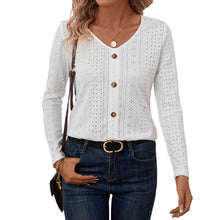 Load image into Gallery viewer, White V-neck Long-Sleeve Buttoned Hollow-Out Casual Shirt