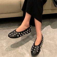 Load image into Gallery viewer, Women's Black Studded Ballet Flat Shoes – PU Leather Casual Flats with Metal Stud Detail