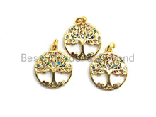 Load image into Gallery viewer, CZ Colorful Micro Pave Round With Tree Pendant, Tree Pave Pendant/Charm, Gold plated, 14x16mm, Sku#F759