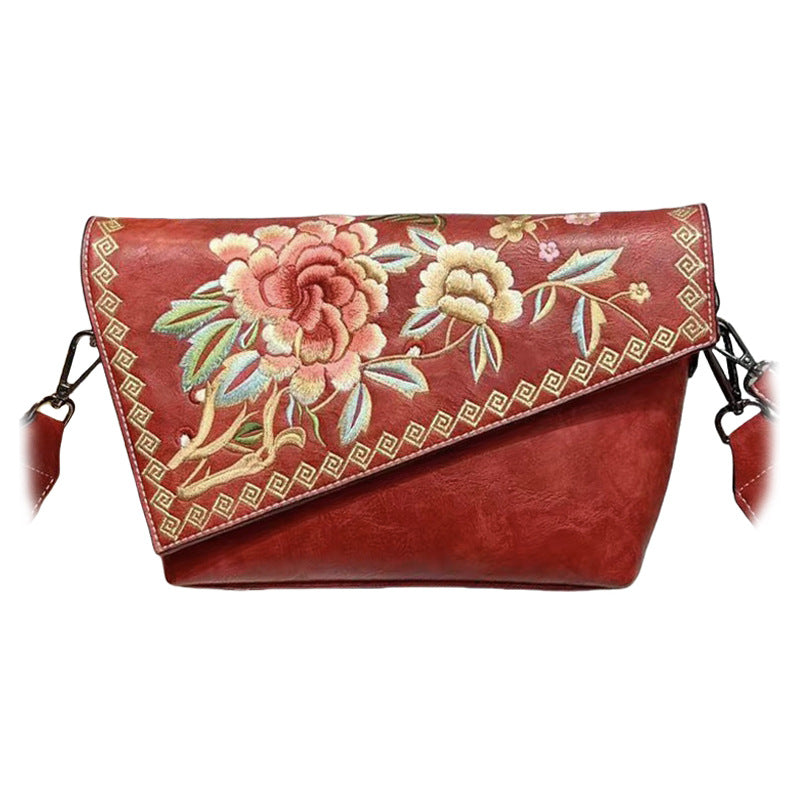 Embroidered Chinese-Style Women's Handbag - PU Leather Crossbody Shoulder Bag with Multiple Compartments